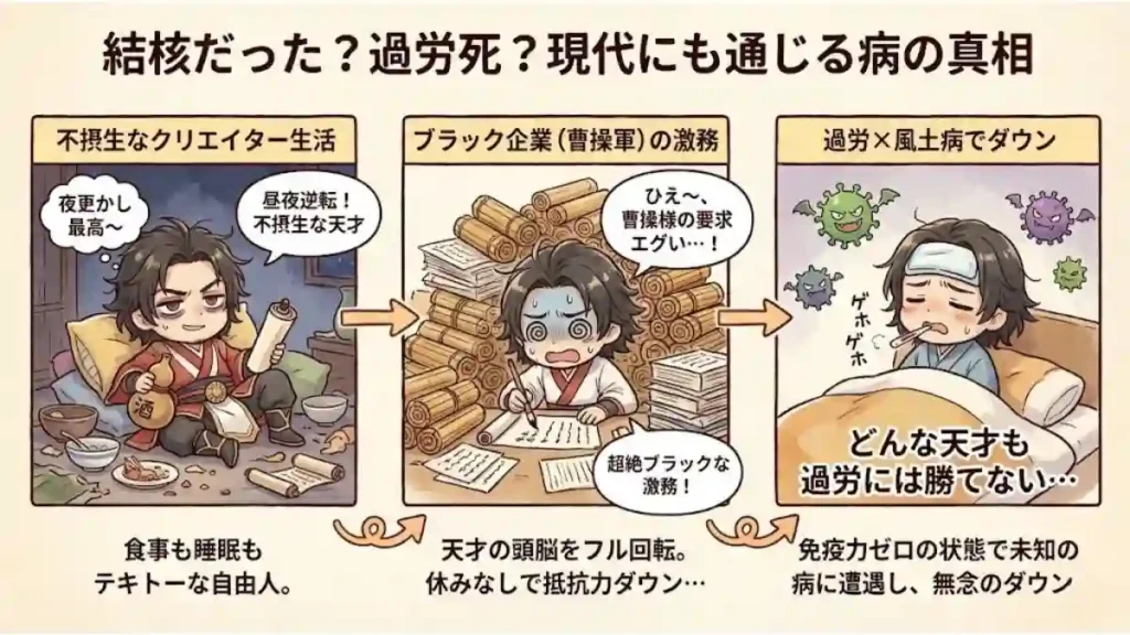 「結核だった?過労死?現代にも通じる病の真相」を解説する3コマ漫画。1コマ目:郭嘉が夜更かしする不摂生な生活。2コマ目:曹操軍の超絶ブラックな激務で山積みの書類を処理し抵抗力ダウン。3コマ目:免疫力ゼロの状態で未知の風土病に遭遇しダウン。過労と病の因果関係をちびキャラでコミカルに描いたイラスト。