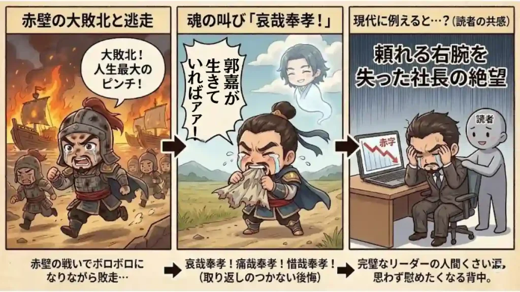 「赤壁の敗戦で響いた『哀哉奉孝!』」を解説する3コマ漫画。1コマ目:赤壁の戦いで燃える船を背に涙目で敗走する曹操。2コマ目:亡き郭嘉の幻を想い「生きていれば!」と激しく号泣する姿。3コマ目:頼れる右腕を失い赤字に泣く現代の社長姿の曹操と、慰める読者。曹操の後悔と人間くささを描いたイラスト。
