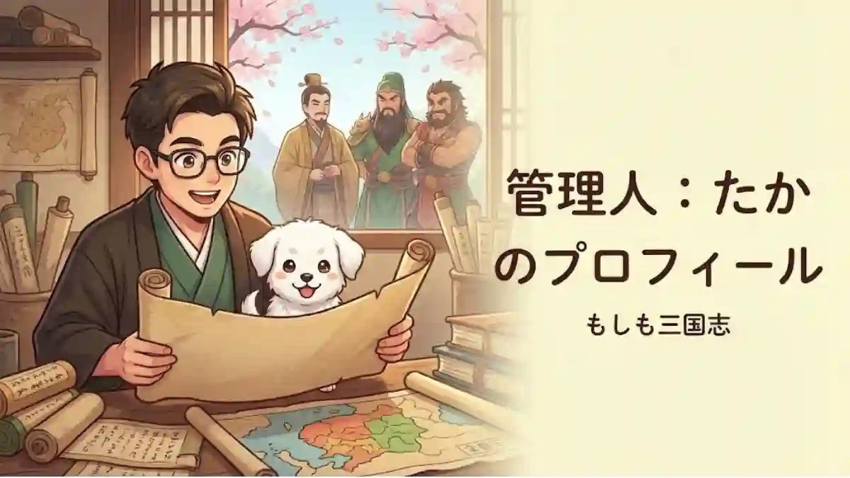 「もしも三国志」管理人たかのプロフィール画像。和装のたかと愛犬めるが書斎で三国志の巻物を広げてワクワクしているイラストです。窓の外には劉備・関羽・張飛の姿がうっすらと描かれ、右側に「管理人：たかのプロフィール」「もしも三国志」の文字が添えられています。