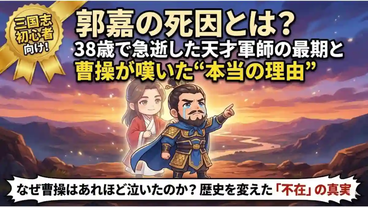 記事タイトル『郭嘉の死因とは？38歳で急逝した天才軍師の最期と曹操が嘆いた“本当の理由”』のアイキャッチ画像。夕焼けを背景に、涙を流す曹操と背後から彼を見守る郭嘉のちびキャラが描かれています。下部には『なぜ曹操はあれほど泣いたのか？歴史を変えた「不在」の真実』というテキストが配置されています。