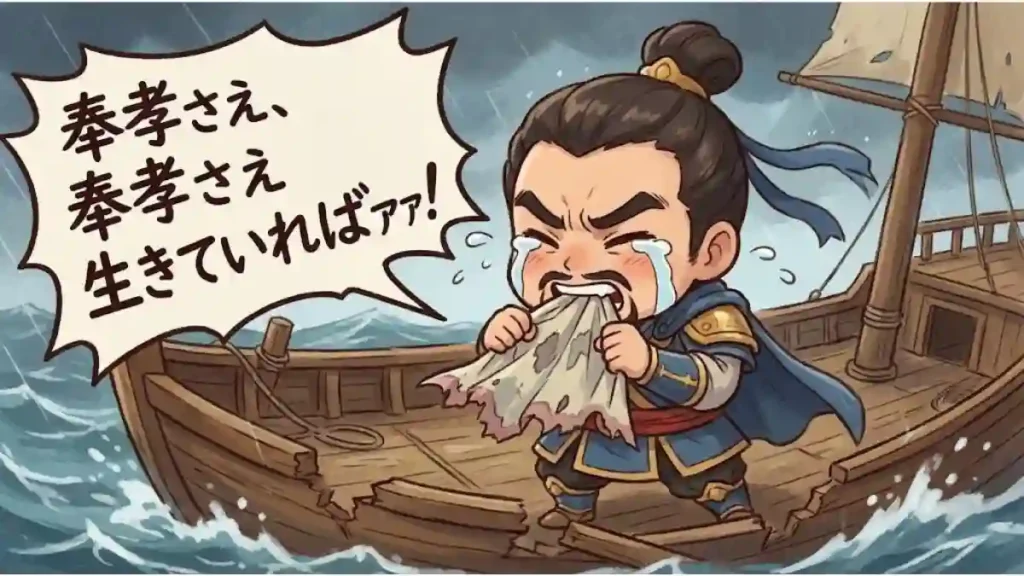 嵐でボロボロになった船の上で、ちびキャラの曹操が大粒の涙を流し、ハンカチを噛み締めながら嘆き悲しんでいるイラスト。大きな吹き出しには「奉孝さえ、奉孝さえ生きていればァァ!」と書かれており、郭嘉の不在を強く後悔している様子が強調されている。