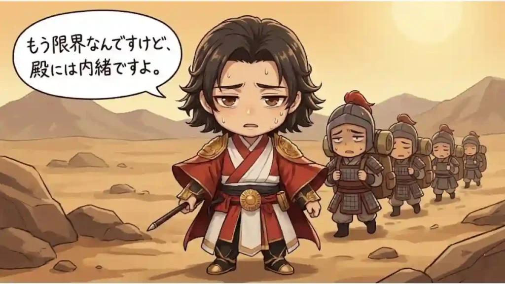 荒涼とした砂漠のような大地を歩く、少し疲れた表情の郭嘉のちびキャライラスト。後ろには重い荷物を背負って疲労困憊の兵士たちが続いている。郭嘉の吹き出しには「もう限界なんですけれど、殿には内緒ですよ。」と書かれている。