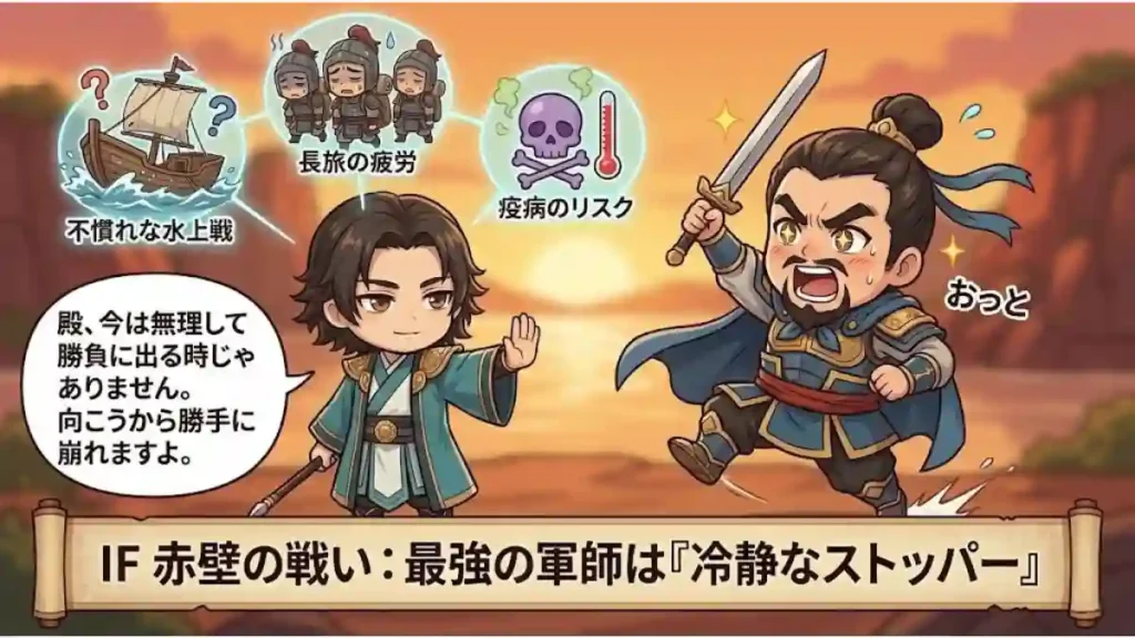 「赤壁の戦いのIFを図解した画像。左で冷静にストップをかける郭嘉の頭上には『水上戦』『疲労』『疫病』の3つのリスクアイコン。右では剣を振り上げ突撃しようとする曹操が『おっと』と止められている。下部には『最強の軍師は冷静なストッパー』という見出しと、無理な勝負をいさめる郭嘉の台詞が配置されている。」