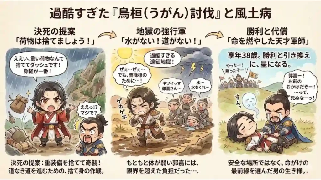 「過酷すぎた『烏桓討伐』と風土病」を解説する3コマ漫画。1コマ目:大雨の中、郭嘉が曹操へ重装備を捨てる奇襲を提案。2コマ目:悪天候と泥道の中、病弱な郭嘉が限界を超えて強行軍を主導。3コマ目:自軍が勝利するも郭嘉は38歳で力尽き、曹操が泣きながら彼を抱きしめる生き様を描いたイラスト。
