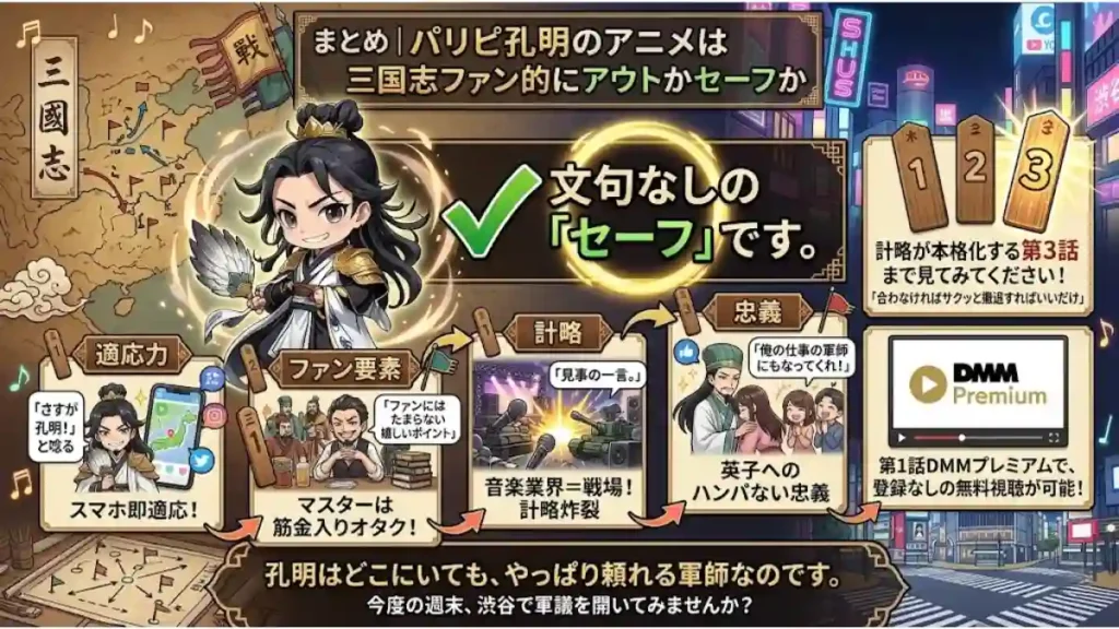 ブログ記事図解作成 さんの発言
アニメ「パリピ孔明」は三国志ファン的に「セーフ」と結論付けるインフォグラフィック。中央のちび孔明キャラが、スマホへの適応力、ファン要素、計略、忠義の4ポイントで魅力を解説。三国志地図と渋谷ネオンが融合した背景で、第3話までの視聴やDMMプレミアムでの無料視聴を推奨している。