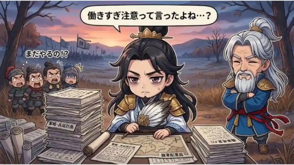 三国志「五丈原の戦い」のパロディイラスト。中央で過労気味の諸葛亮が、山積みの軍略書類を前に机に向かっています。左には驚く蜀将たち、右には冷静な司馬懿が立っており、上部には「働きすぎ注意って言ったよね…？」という吹き出しがある、ユーモラスな一枚です。