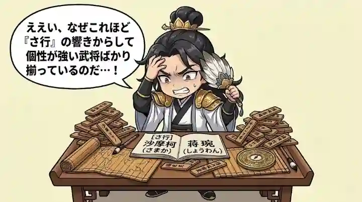 「さ行」の武将名が書かれた大量の木札を前に、頭を抱えて悩む諸葛亮のちびキャライラスト。机の上の書物には「沙摩柯（さまか）」「蒋琬（しょうわん）」と記され、軍師が個性の強い武将たちの分類に苦労する様子をコミカルに描いた2Dアニメ調の画像。