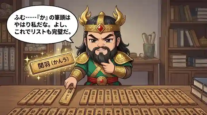 書庫で「関羽」と書かれた木札をリストの筆頭に誇らしげに並べる、関羽のちびキャライラスト。緑の鎧と鳳凰の冠を身につけ、長い髭を撫でながら満足げに微笑む様子をコミカルに描いた2Dアニメ調の画像。五十音順の「か行」リストの始まりを象徴している。