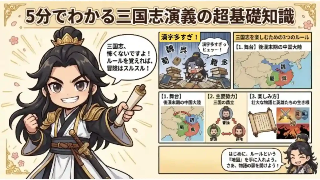 「5分でわかる三国志演義の超基礎知識」と題したインフォグラフィック。添付画像の諸葛亮風ちびキャラがガイド役となり、漢字の多さに困惑する様子や、魏・呉・蜀の勢力図、主要武将（曹操・劉備・孫権）の関係性を図解しています。初心者向けに「ルールを覚えれば冒険は楽しい」と優しく解説するデザインです。