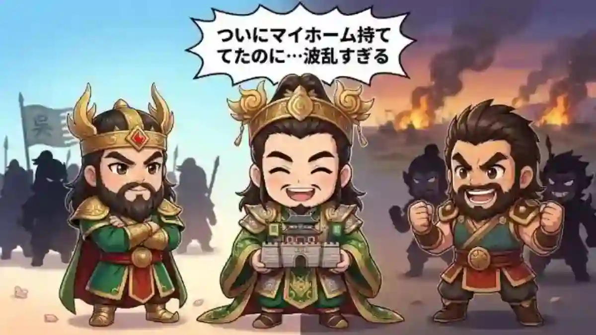 三国志のパロディイラスト。中央で豪華な王の衣装を着た劉備が、笑顔でミニチュアの蜀の城を抱えています。左には腕を組む関羽、右にはガッツポーズの張飛が並びますが、背景には不穏な呉軍の影や炎上する戦場が描かれています。上部には「ついにマイホーム持てたのに…波乱すぎる」という吹き出しがあるシュールな一枚。