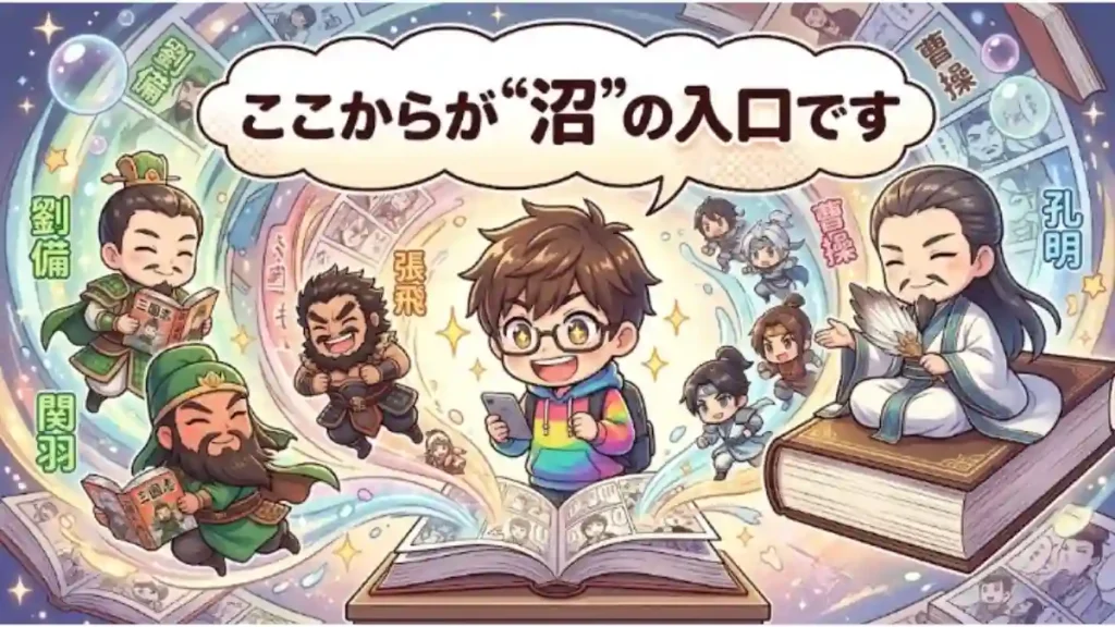 開かれた本から劉備、関羽、張飛、孔明、曹操などの三国志のちびキャラ武将たちが、現代の読者に向けて飛び出している。上部には「ここからが“沼”の入口です」という吹き出しがあり、三国志の世界にハマっていく楽しさを表現。背景は渦巻く漫画のページ。