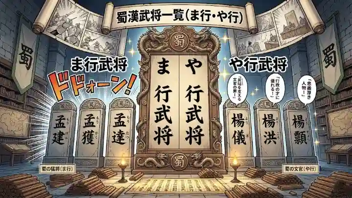 蜀の武将一覧（ま行・や行）を示す漫画風イラスト。中央に巨大な石碑がそびえ、左側には「ドドォーン！」という効果音と共に孟建、孟獲、孟達の碑が並んでいます。右側には楊儀、楊洪、楊顒の碑があり、功績を称えるフキダシが添えられています。武将の姿はなく、文字と漫画表現のみで迫力ある空間が描かれています