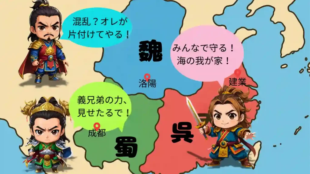 三国志の勢力図と、デフォルメされた曹操・劉備・孫権のイラスト。青の魏、緑の蜀、赤の呉の各領域に、都の場所と武将のセリフ（「混乱？オレが片付けてやる！」等）が添えられています。各国の位置関係と君主の個性をキャッチーに表現した解説画像です。