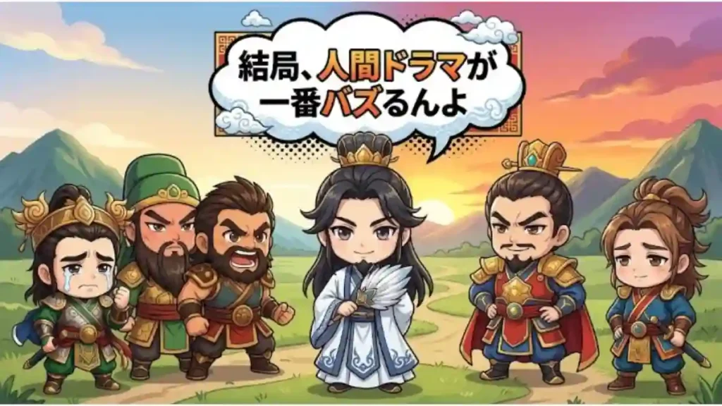 三国志のパロディイラスト。中央に諸葛亮、左右にデフォルメされた劉備、関羽、張飛、曹操、孫権が並び、上部の吹き出しには「結局、人間ドラマが一番バズるんよ」と書かれている。夕暮れの山並みを背景にしたコミカルな一枚。