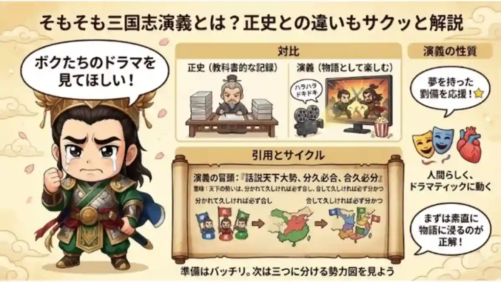 「そもそも三国志演義とは？正史との違いもサクッと解説」と題したインフォグラフィック。ガイド役の劉備ちびキャラが、記録としての「正史」と物語としての「演義」の違いを、会議と映画に例えて図解。演義の冒頭の引用や、歴史のサイクル、ドラマチックな物語性について初心者向けに分かりやすく解説しています。
