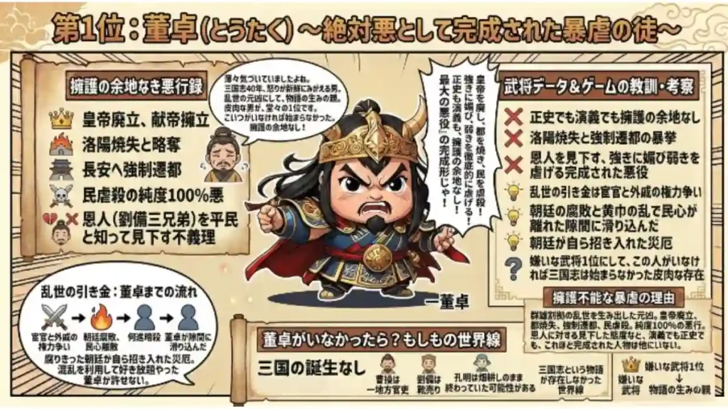 三国志の嫌いな武将ランキング1位、暴君・董卓を解説するインフォグラフィック。中央に怒りを露わにするちびキャラの董卓、周囲に「皇帝廃立」「洛陽焼亡」などの悪行録や、「もし董卓がいなかったら？」というIFストーリーが、アイコンを交えて分かりやすく図解されている。嫌われ者1位でありながら、物語の生みの親という皮肉な存在として紹介されている。