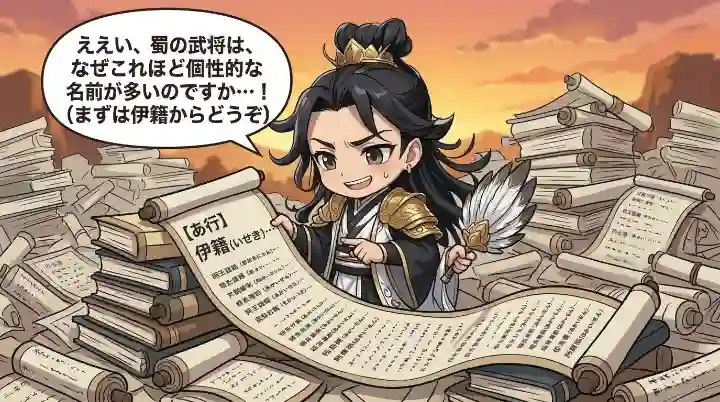 大量の巻物に埋もれ、困り顔で「伊籍（いせき）」と書かれたリストを指差す諸葛亮のちびキャライラスト。背景には積み上げられた無数の古い書物があり、蜀の武将150人の膨大なデータに圧倒される様子をコミカルに描いた2Dアニメ調の画像。