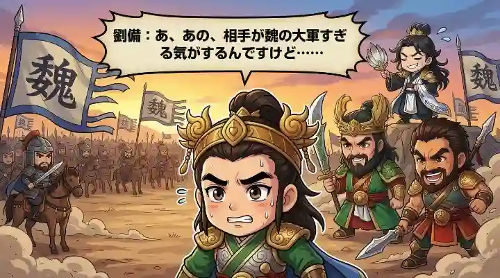 魏の大軍を前に冷や汗をかく劉備、やる気満々の関羽と張飛、背後で強がる諸葛亮を描いたデフォルメイラスト。「劉備：あ、あの、相手が魏の大軍すぎる気がするんですけど……」という吹き出し付き。