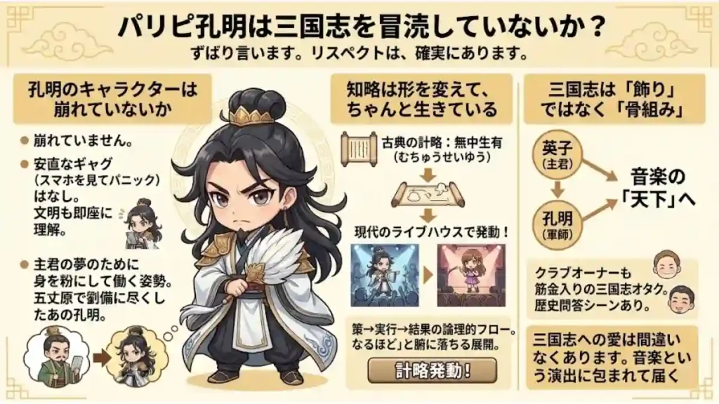 「パリピ孔明は三国志を冒涜していないか？」をテーマに、リスペクトの有無を解説するインフォグラフィック画像。真剣なちび孔明を中心に、「キャラの崩れなし」「知略は健在」「物語の骨組み」の3点で作品を分析している。