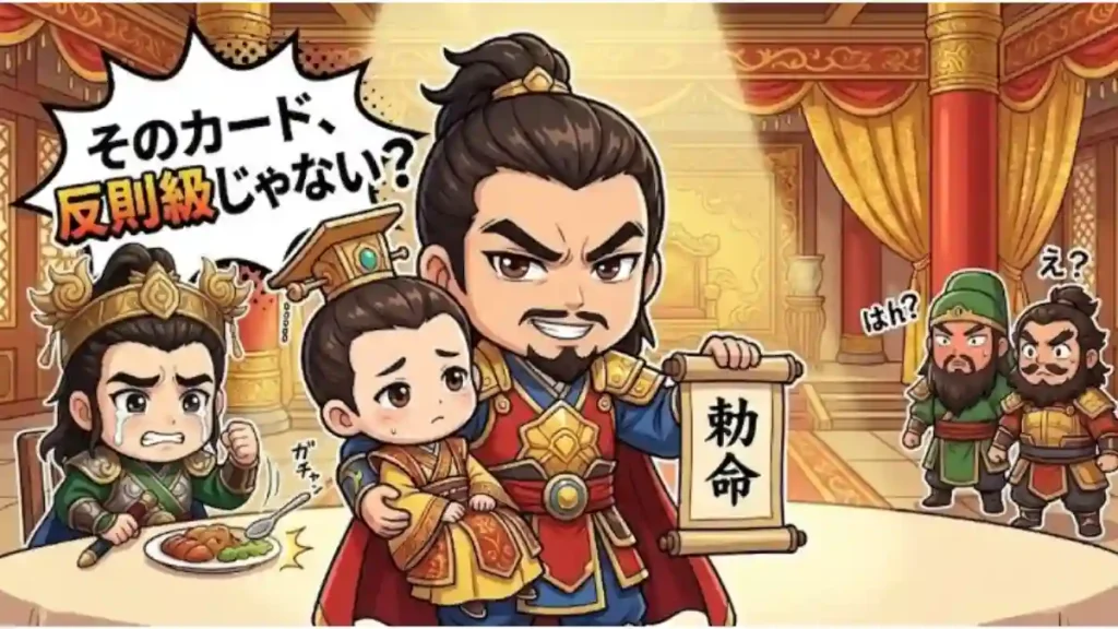 三国志のパロディイラスト。中央の曹操が幼い皇帝と「勅命」の巻物を掲げ、不敵に笑っています。左側では、緑の甲冑を着た泣き虫な劉備が、驚きのあまり食事中にスプーンを落として絶望しています。右端では関羽と張飛が困惑した表情で見守る、コミカルで賑やかな宮廷のワンシーンです。