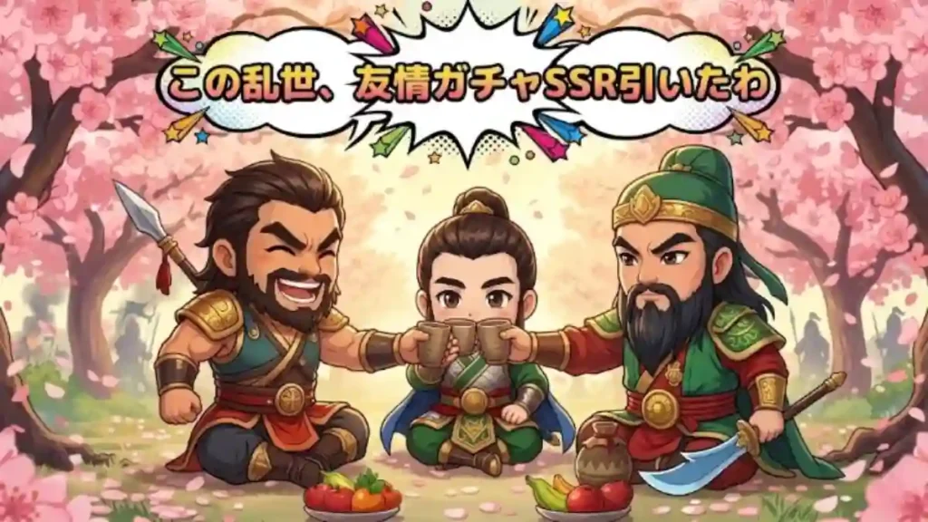 
Gemini の回答
満開の桃の花が舞う中、三国志の劉備、関羽、張飛がちびキャラ姿で宴を囲むイラスト。3人は笑顔や凛々しい表情で酒杯を合わせ、固い絆を結んでいます。上部にはポップな吹き出しで「この乱世、友情ガチャSSR引いたわ」というユーモラスなテキストが入り、運命的な出会いを現代風に表現した高品質な一枚です。