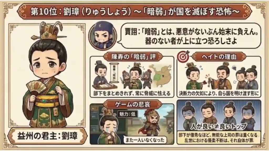 三国志の嫌いな武将ランキング１０位の劉璋を紹介するインフォグラフィック。左側に劉璋のイラスト、右側に賈詡のコメントや陳寿の「暗弱」評、ヘイトの理由（決断力の欠如）、ゲームの悲哀、人が良い≠良いトップといった４つの項目をかわいいちびキャラとテキストで分かりやすく解説しています。