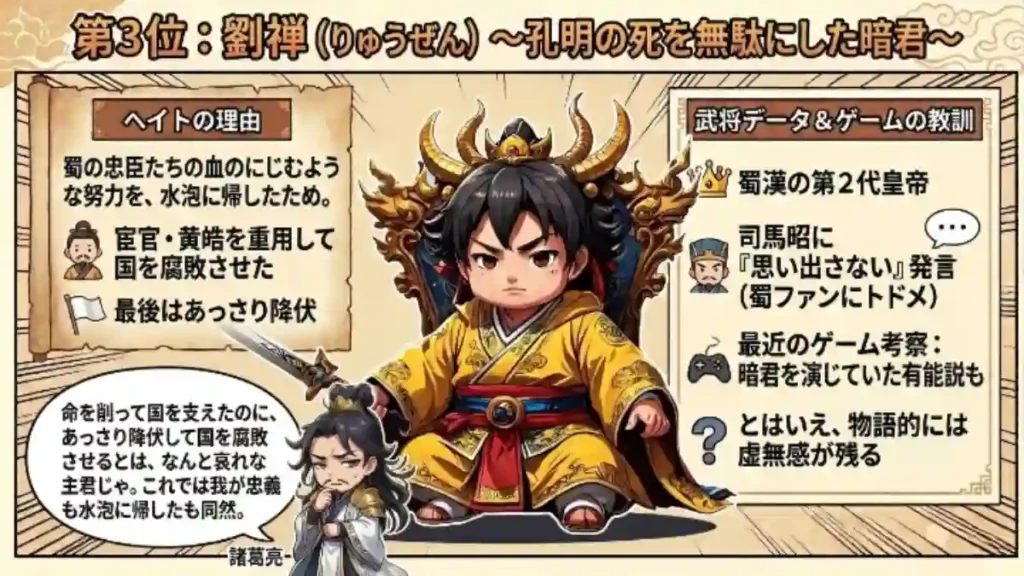 三国志の武将ランキング3位・劉禅の解説インフォグラフィック。中央に豪華な椅子に座るちびキャラの劉禅、左下に困り顔の諸葛亮が配置されています。「孔明の死を無駄にした暗君」という見出しで、黄皓の重用や降伏後の失言など、蜀ファンの虚無感を誘うヘイト理由や正史の逸話が、アイコンと共に分かりやすく図解されています。