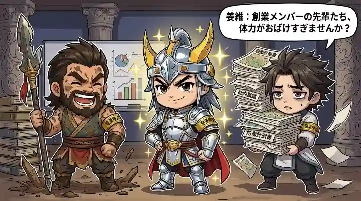 「蜀漢株式会社」の腕章をつけた3人のデフォルメイラスト。泥だらけで武器を誇る張飛、豪華な鎧でドヤ顔の馬超、山積みの書類を抱え疲労困憊の姜維。「姜維：創業メンバーの先輩たち、体力がおばけすぎませんか？」という吹き出しがあり、世代間のギャップがコミカルに描かれている。