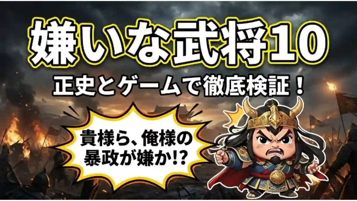 嫌いな武将ランキング記事のアイキャッチ画像。「燃え盛る戦場を背景に『嫌いな武将10 正史とゲームで徹底検証！』と書かれたている。右下には激怒する董卓のちびキャラが配置され、『貴様ら、俺様の暴政が嫌か!?』と叫ぶ吹き出しが添えられています。」