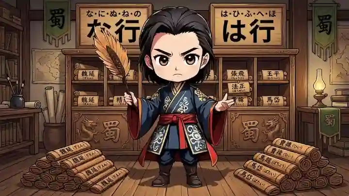 Gemini の回答
書庫で蜀の軍師・法正（ちびキャラ）が武将の木簡を整理するイラスト。背景の棚には「な行」「は行」の看板が掲げられ、蜀の紋章が飾られています。床には魏延や馬超などの名が記された巻物が山積みになり、厳しい表情の法正は羽扇を手に、作業を始めようとしている様子を描いたイラスト。