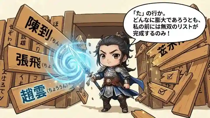 青い鎧を纏ったちびキャラの趙雲が、光る剣を手に木札の山を突き破るイラスト。木札には「陳到」「張飛」「趙雲」の名と読みが記され、吹き出しには「『た』の行か。どんなに膨大であろうとも、私の前には無双のリストが完成するのみ！」という台詞があります。蜀の武将リスト制作に挑む勇ましい様子を描いています。