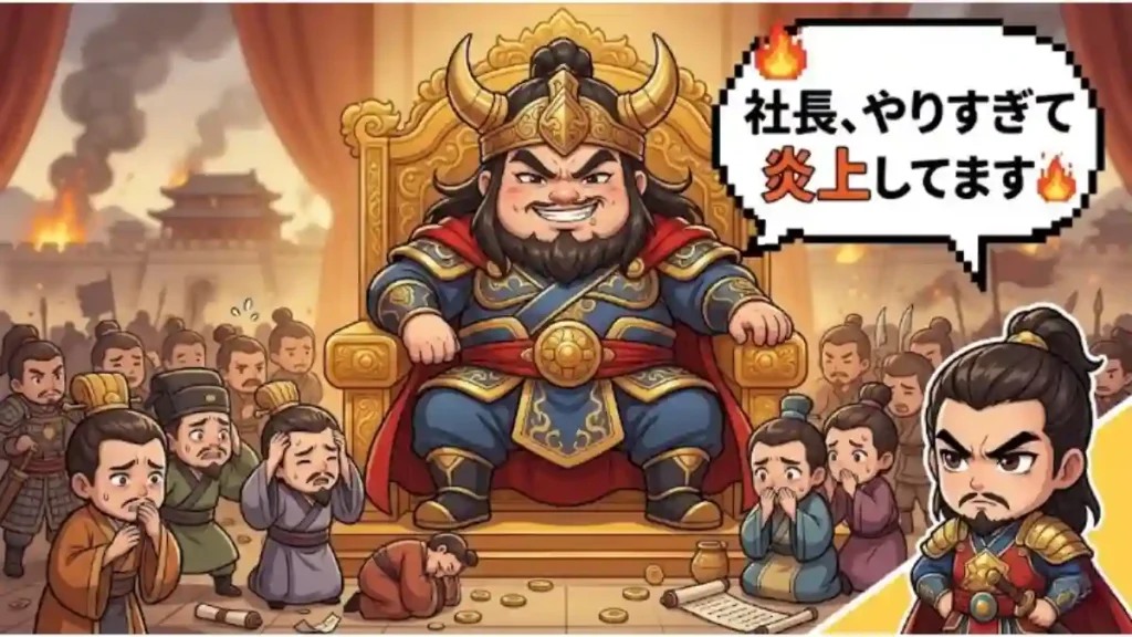 三国志の董卓が玉座にふんぞり返り、周囲の文官たちが困り果てているユーモラスなちびキャラ風イラスト。背景では宮殿が燃え、右下には鋭い視線の曹操が描かれています。ポップな吹き出しには「社長、やりすぎて炎上してます」という現代風のテキストが入り、専横による混乱をコミカルに表現した一枚です。