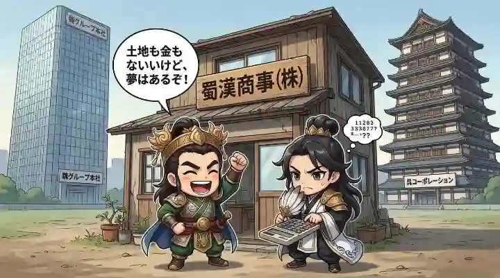 小さな木造オフィス「蜀漢商事（株）」の前で、笑顔で拳を突き上げる劉備と、眉をひそめて電卓を叩く諸葛亮のデフォルメイラスト。「土地も金もないけど、夢はあるぞ！」の吹き出し付き。遠景には魏の巨大ガラス張りビルと呉の蔵風ビルがそびえ立つ。