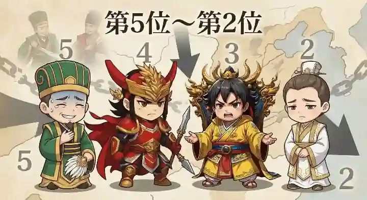 「第5位〜第2位」のテキストと古い地図背景に、三国志武将のちびキャラ4人が並ぶ。左から嫌いな武将ランキング5位郭図、4位呂布、3位劉禅、2位糜芳。皆、歴史の選択ミスを悔やむ悲痛な表情で、深い後悔と苦渋を滲ませる。背景には破断した鎖や descends numbers が見える。