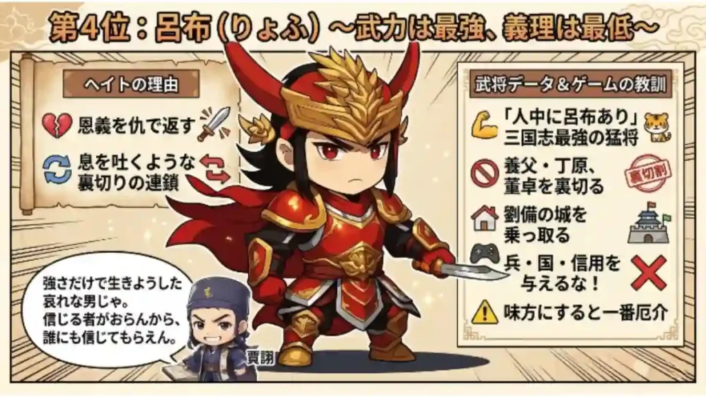 三国志の嫌いな武将ランキング4位・呂布の解説インフォグラフィック。中央に赤い鎧のちびキャラ呂布、左下に軍師・賈詡が配置されています。「武力は最強、義理は最低」という見出しと共に、恩義を仇で返す裏切り癖や、丁原・董卓の殺害、劉備の城乗っ取りなどのヘイト理由、ゲームでの教訓がアイコンを交えて分かりやすくまとめられています。