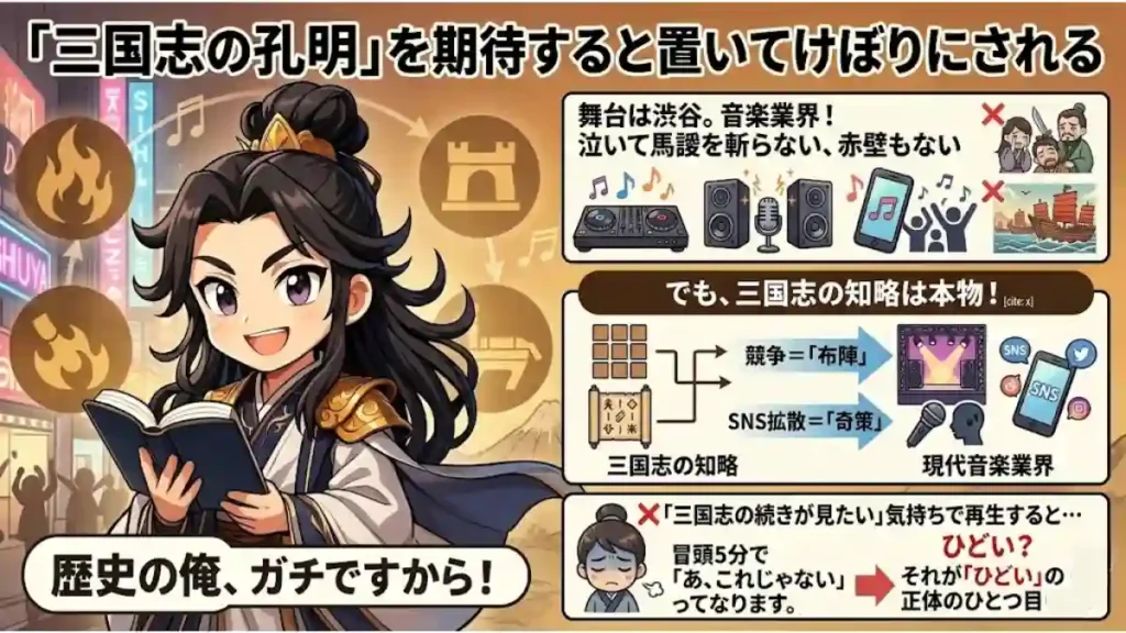 アニメ『パリピ孔明』の解説図解。本を持つ孔明のちびキャラと「歴史の俺、ガチですから！」の吹き出し。右のボードには「『三国志の孔明』を期待すると置いてけぼりにされる」の見出しがあり、舞台が現代の音楽業界であることや、知略がSNS戦術等に置き換わり、三国志ファンが戸惑う理由が図解されています。