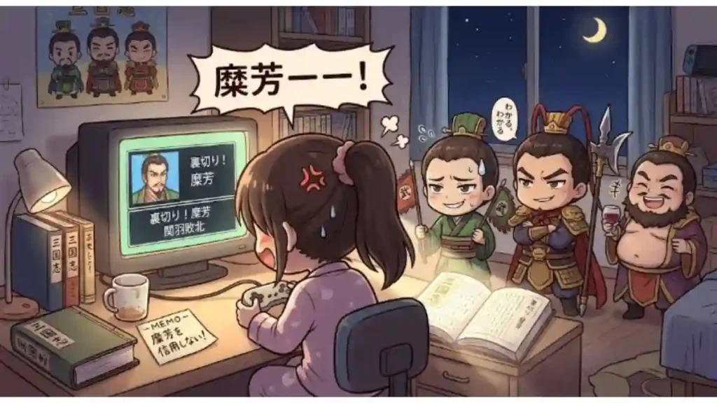 深夜、ちびキャラの女性が三国志のゲームをプレイ中。「糜芳ーー！」と怒鳴っている。画面には「裏切り！糜芳」「関羽敗北」の文字。背後には董卓、呂布、糜芳のちびキャラたちがニヤニヤと見守っている。糜芳は怯えつつ複雑な表情。手元の三国志の本には光が差し込んでいる。