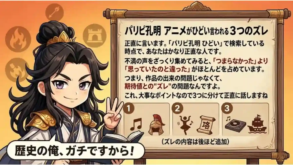 Gemini の回答
本を持つちびキャラの諸葛孔明が『3』のポーズ。フキダシには『歴史の俺、ガチですから！』。掲示板には『パリピ孔明 アニメがひどいと言われる3つのズレ』のタイトルと、不満は期待値とのズレが原因であるという解説テキスト、そして1から3のプレースホルダーアイコンが描かれている。