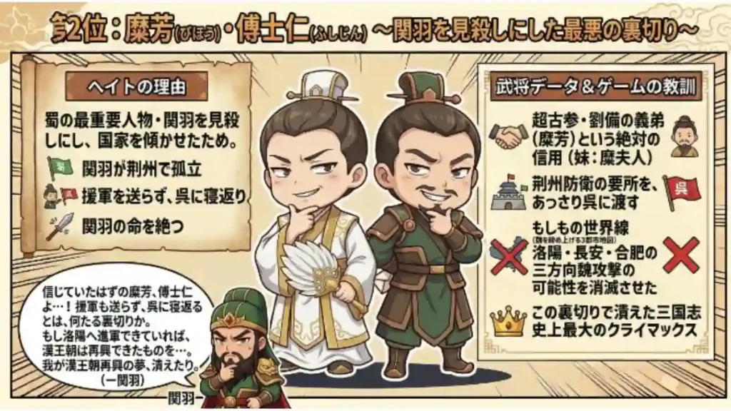 三国志嫌いな武将ランキング2位の糜芳と傅士仁の裏切りを解説するインフォグラフィック。中央に不敵な笑みを浮かべる二人のちびキャラ、左下に関羽が描かれている。「関羽を見殺しにした最悪の裏切り」という見出しと共に、裏切りの経緯や理由、もしも裏切らなかったら実現したかもしれない世界線がアイコンと共に分かりやすく図解されている。