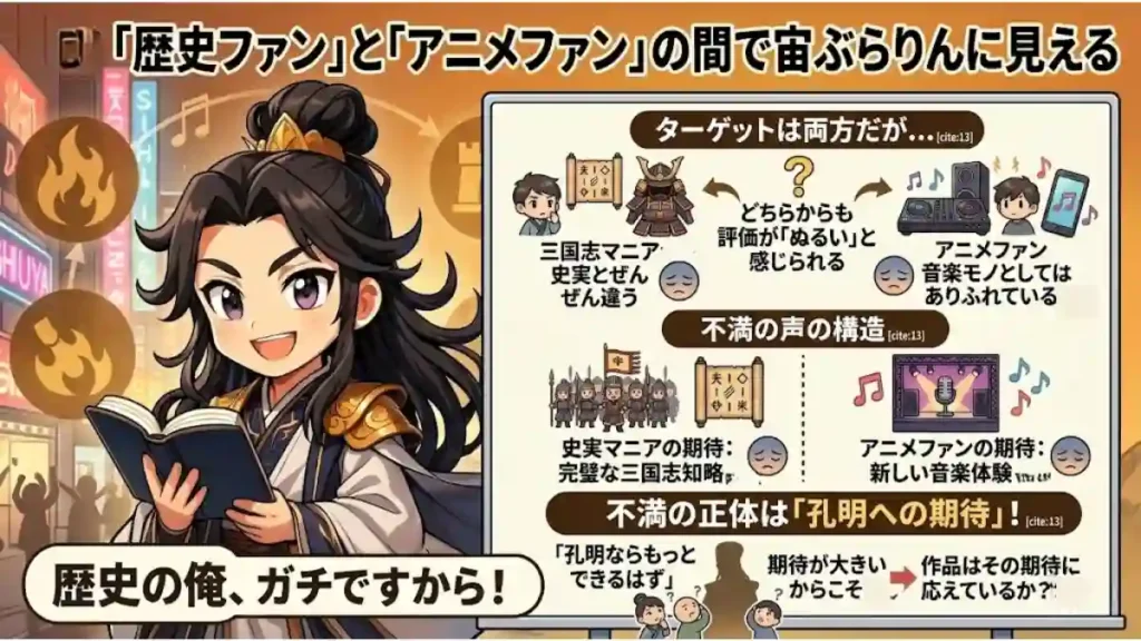 アニメ『パリピ孔明』の解説図解。ちびキャラ孔明の横のボードに「『歴史ファン』と『アニメファン』の間で宙ぶらりんに見える」の見出し。三国志マニアとアニメファン双方から評価が「ぬるい」と感じられる構造と、不満の正体が「孔明への高い期待」であることが図解されています。