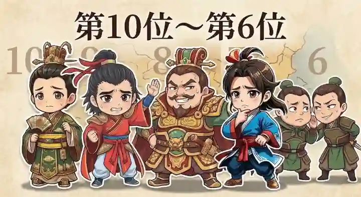 「第10位〜第6位」のテキストを背景に、三国志の武将たち（左から劉璋、袁術、何進、馬謖、范彊・張達）のちびキャラが並んでいるイラスト。ランキング下位で焦ったり困り顔をしている様子が描かれています。
