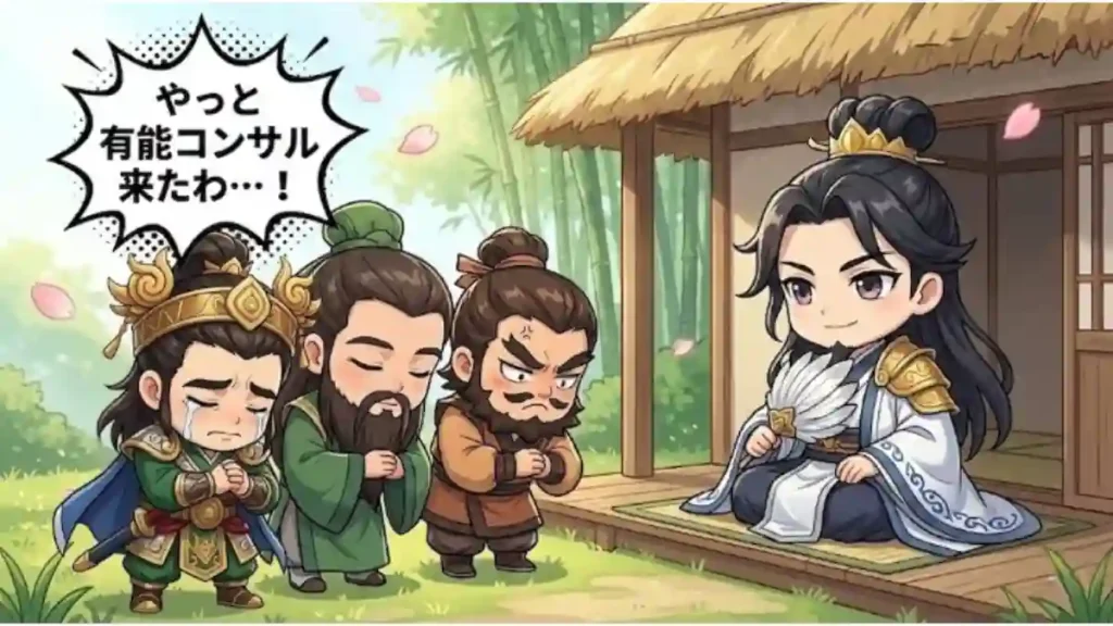 三国志「三顧の礼」のコミカルなパロディイラスト。草屋の前で泣きながら深く礼をする劉備と関羽、張飛、落ち着いた様子の諸葛亮。吹き出しには「やっと有能コンサル来たわ…！」と書かれている。竹林と桜の舞う庭園が背景。