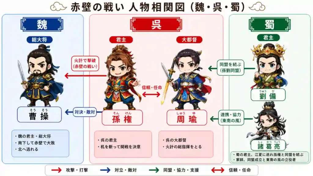 赤壁の戦いの人物相関図。魏・呉・蜀の三陣営を色分けし、曹操・孫権・周瑜・劉備・諸葛亮の関係、同盟や対立、火計の流れを矢印で示した図