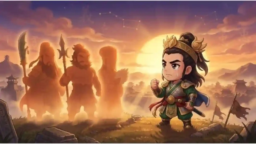 夕日に向かって遠くを見渡す劉備のちびキャラ。その隣には関羽、張飛、諸葛亮のシルエットが並び、1800年の時の流れを感じさせる感動的な光景です。背景には夕日とシンプルな星空が広がり、ブログの見出し下に適した温かみのある2Dアニメ調のイラストです。