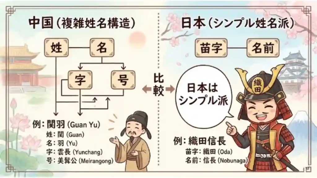 中国 (China) と日本 (Simple Name Style) の姓名構造の比較イラスト。左は伝統的な中国建築と「姓」「名」「字」「号」などの要素がリスト化され、中央の人物が筆を持つ。右は織田信長を例に、金色の鎧兜姿と「苗字」「名前」のみのシンプルな構造がリスト化され、背景に城と富士山。全体が明るい教育用イラスト風。