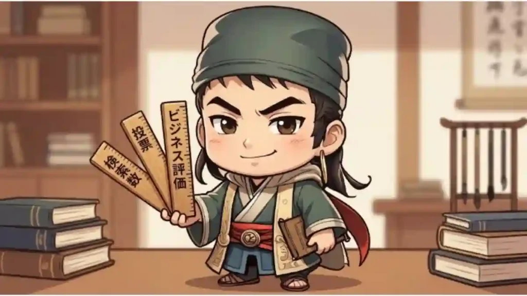 「3枚のものさし（検索数・投票・ビジネス評価）を手に持ち、得意げな表情を浮かべる賈詡（かく）のちびキャラ。背景は温かみのあるシンプルな書斎風で、ブログ記事の内容を直感的に伝える2Dアニメ調のイラスト。」