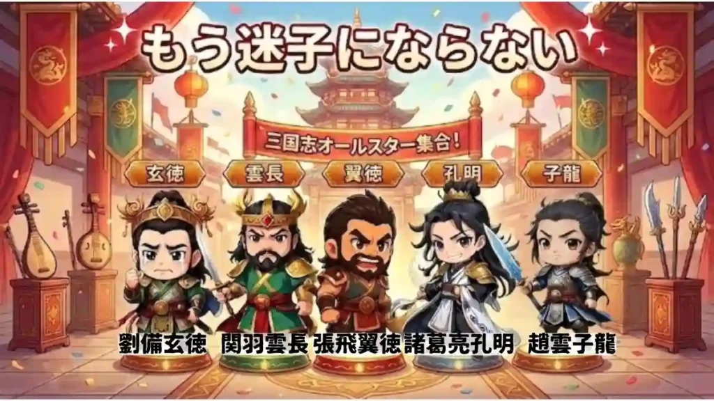 「もう迷子にならない」のタイトルで三国志のちびキャラ5人が集結したイラスト。華やかな宴の背景の前に、左から泣き虫の劉備(玄徳)、威厳ある関羽(雲長)、勇ましい張飛(翼徳)、羽扇を持つ諸葛亮(孔明)、青い剣を構える趙雲(子龍)が並び、それぞれの頭上に「字(あざな)」が表示されています。