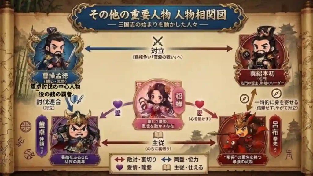 三国志「その他の重要人物」相関図。巻物背景に曹操、袁紹、董卓、呂布、貂蝉を配置。曹操と袁紹の対立、董卓と呂布の主従(裏切り)、貂蝉を巡る董卓・呂布の愛憎関係を図解。群雄割拠の始まりを動かした主要キャラの複雑な絆と対立を、豪華な装飾と矢印で直感的に整理した解説画像です。