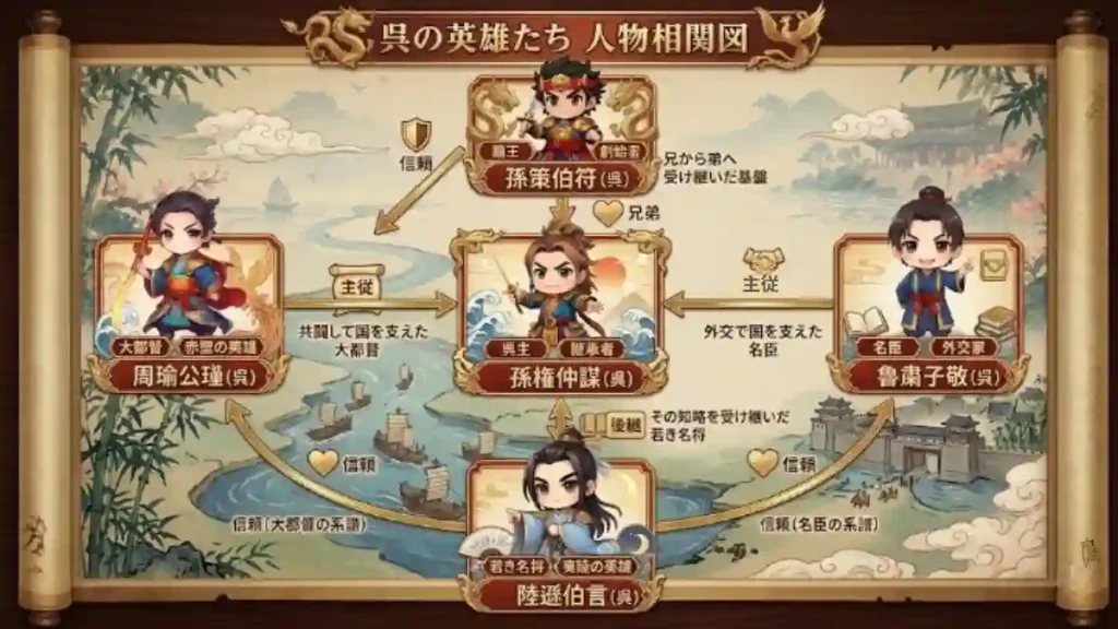 呉の英雄たちの相関図。巻物風の背景に、孫権仲謀を軸として孫策(小覇王)、周瑜(赤壁の英雄)、魯粛(外交家)、陸遜(夷陵の英雄)の関係を図解。長江をゆく軍船や楼閣、竹林をあしらい、孫一族の継承と、国を支えた提督・重臣たちの強固な主従関係・信頼をスッキリと情緒豊かに整理した解説画像です。