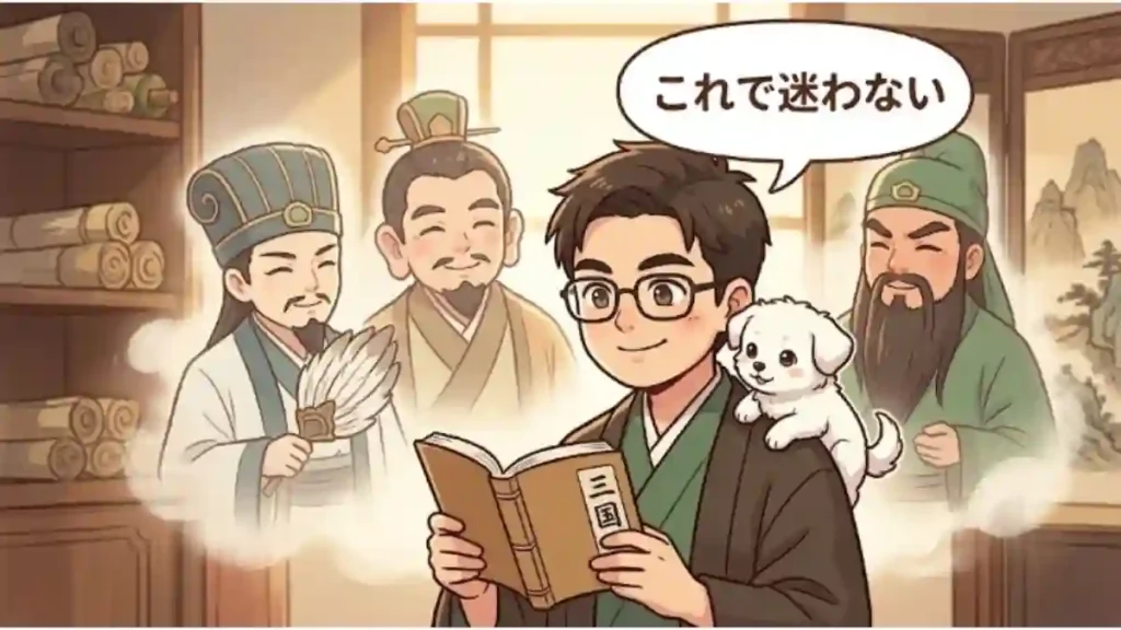 眼鏡の男性(当ブログ、著者のたか)と愛犬のめるが三国志の本を読み、背後の劉備・関羽・諸葛亮に見守られ、「これで迷わない」と笑顔で言う温かいイラスト。